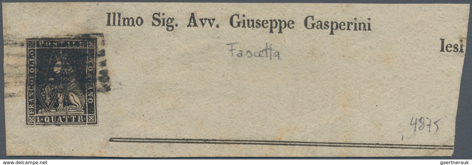 00903 Italien - Altitalienische Staaten: Toscana: 1857, 1 Q. Black, Isolated On A Newspaper Wrapper Direct - Tuscany