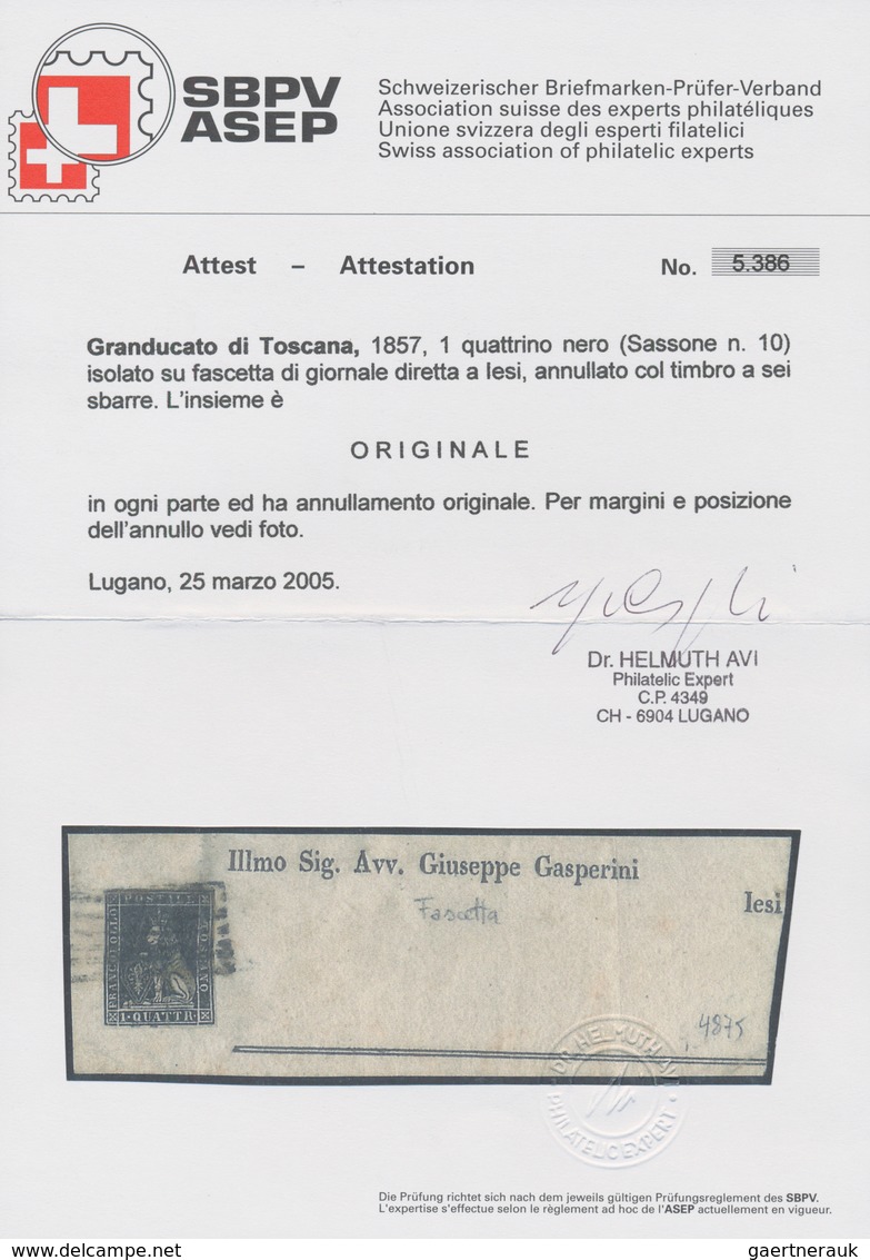 00903 Italien - Altitalienische Staaten: Toscana: 1857, 1 Q. Black, Isolated On A Newspaper Wrapper Direct - Toskana