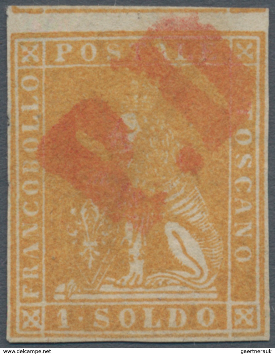 00905 Italien - Altitalienische Staaten: Toscana: 1857, 1 Soldi Ocher, Watermark Vertical Wavy Lines, Canc - Toscane