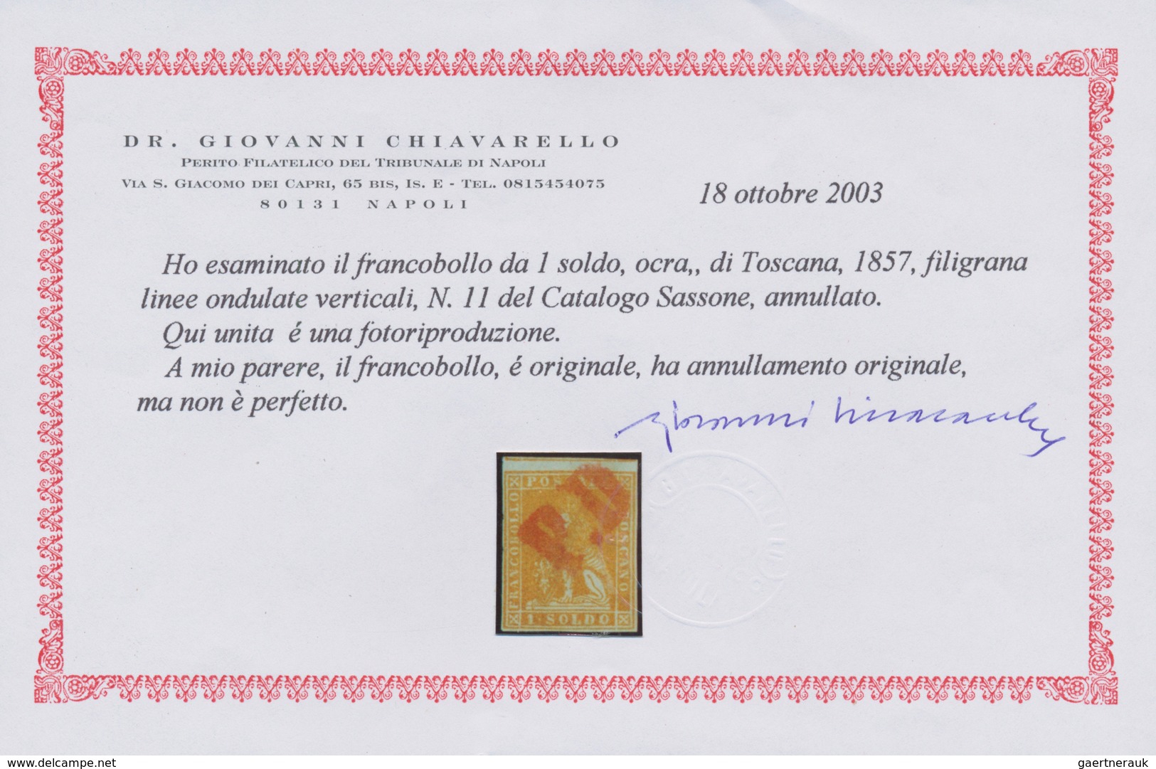 00905 Italien - Altitalienische Staaten: Toscana: 1857, 1 Soldi Ocher, Watermark Vertical Wavy Lines, Canc - Toscana