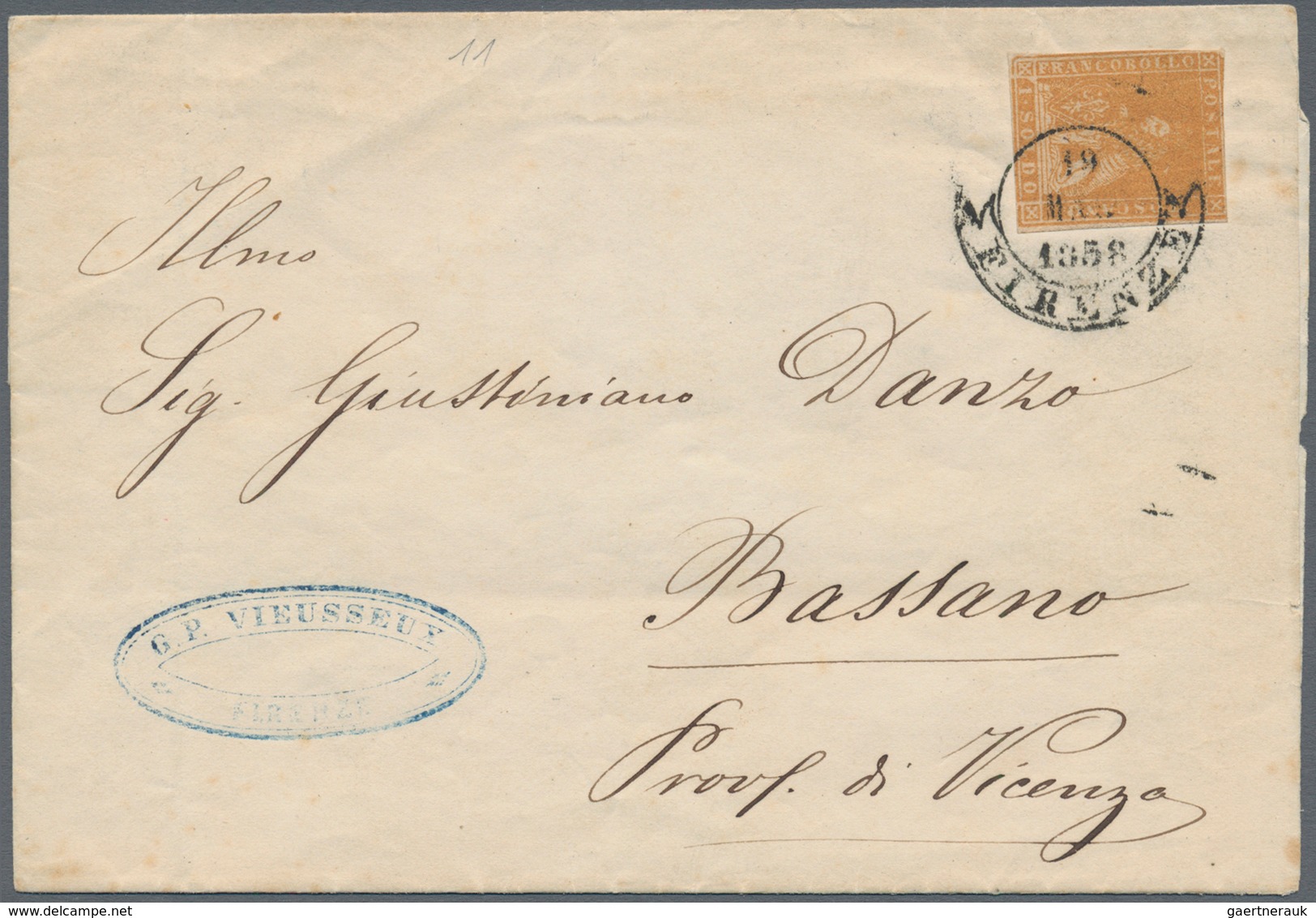 00906 Italien - Altitalienische Staaten: Toscana: 1857: 1 Soldo Orange Brown On Letter From Florence To Ba - Toskana