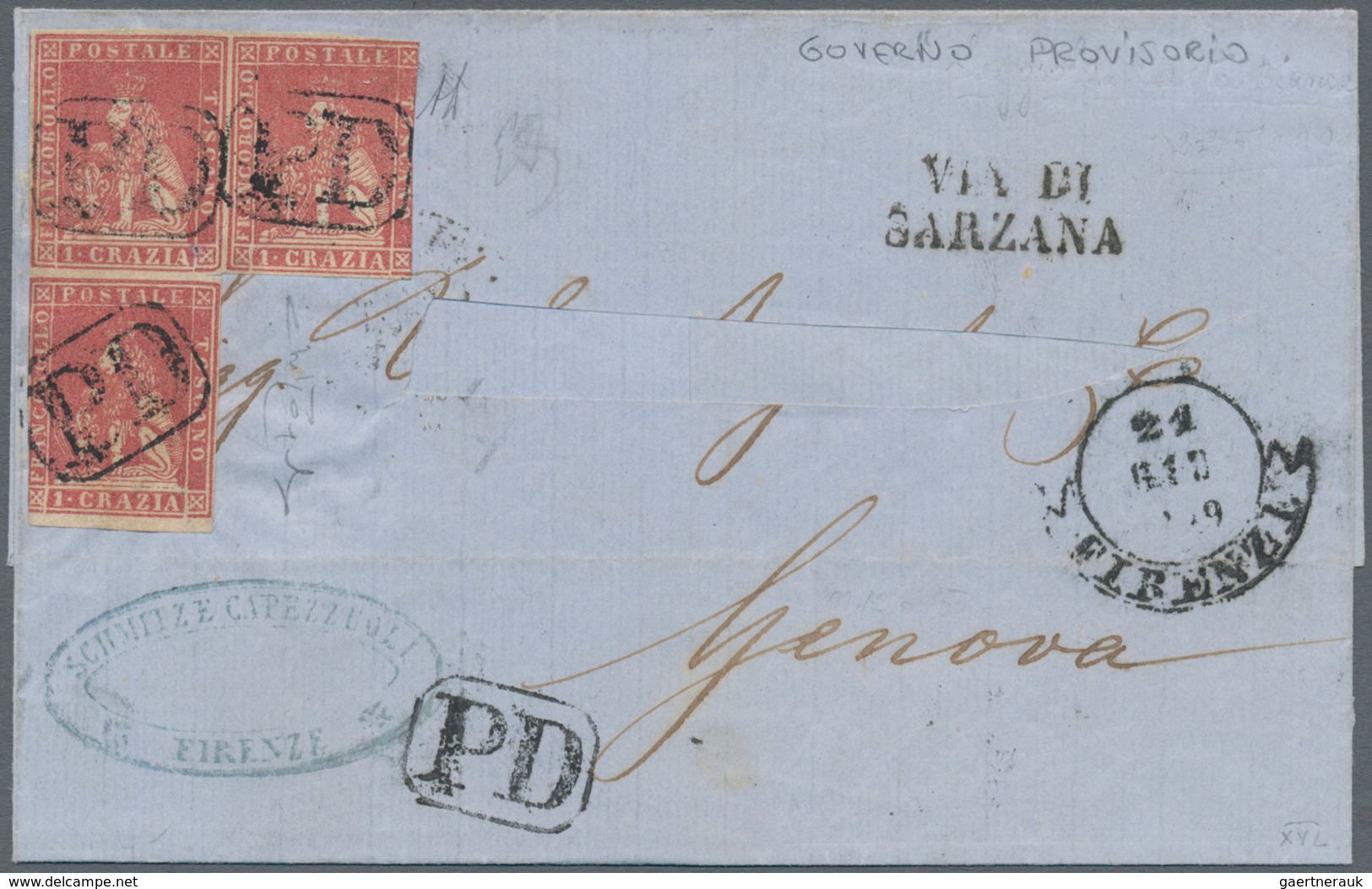 00908 Italien - Altitalienische Staaten: Toscana: 1857, 1 Crazia Carmine On White Paper, Block Of Three, O - Toscana
