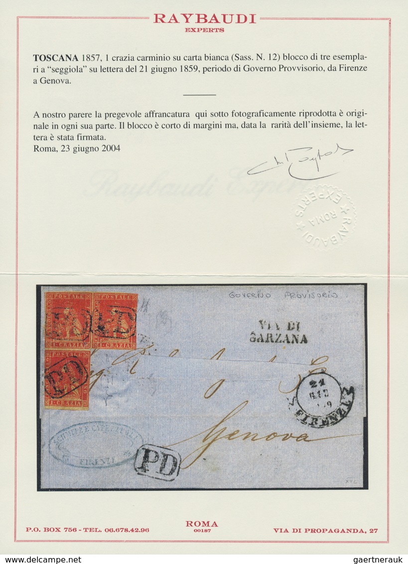 00908 Italien - Altitalienische Staaten: Toscana: 1857, 1 Crazia Carmine On White Paper, Block Of Three, O - Toscana