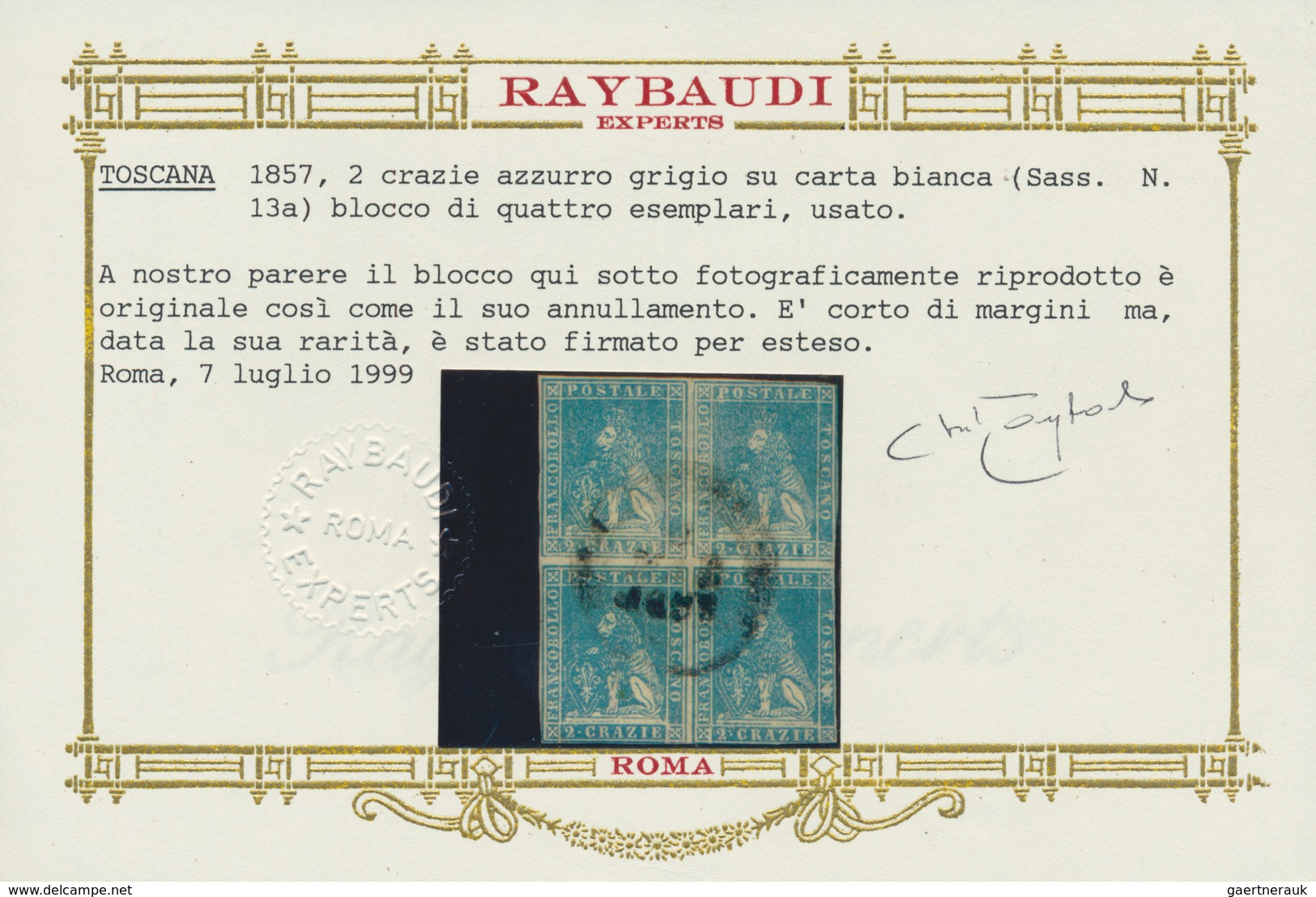 00910 Italien - Altitalienische Staaten: Toscana: 1857, 2 Crazie Gray Blue On White Paper, Block Of Four, - Tuscany