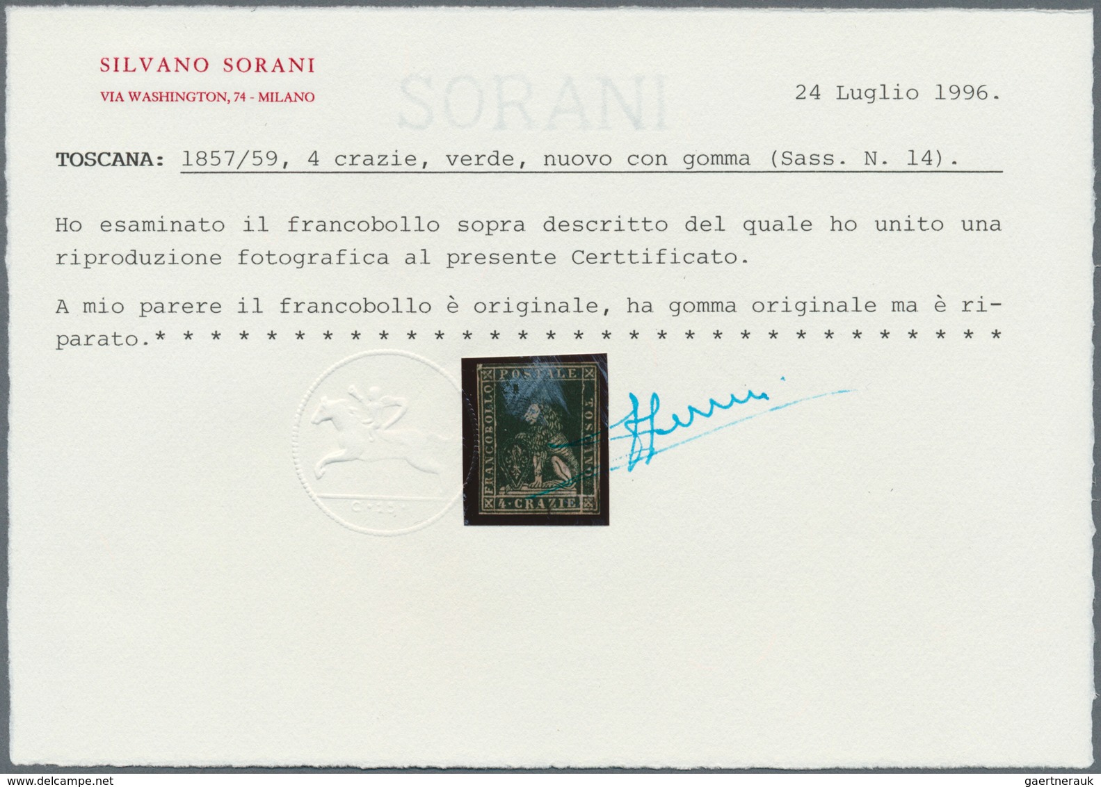 00911 Italien - Altitalienische Staaten: Toscana: 1857/59: 4 Crazie Green, Mint With Original Gum, Repaire - Tuscany