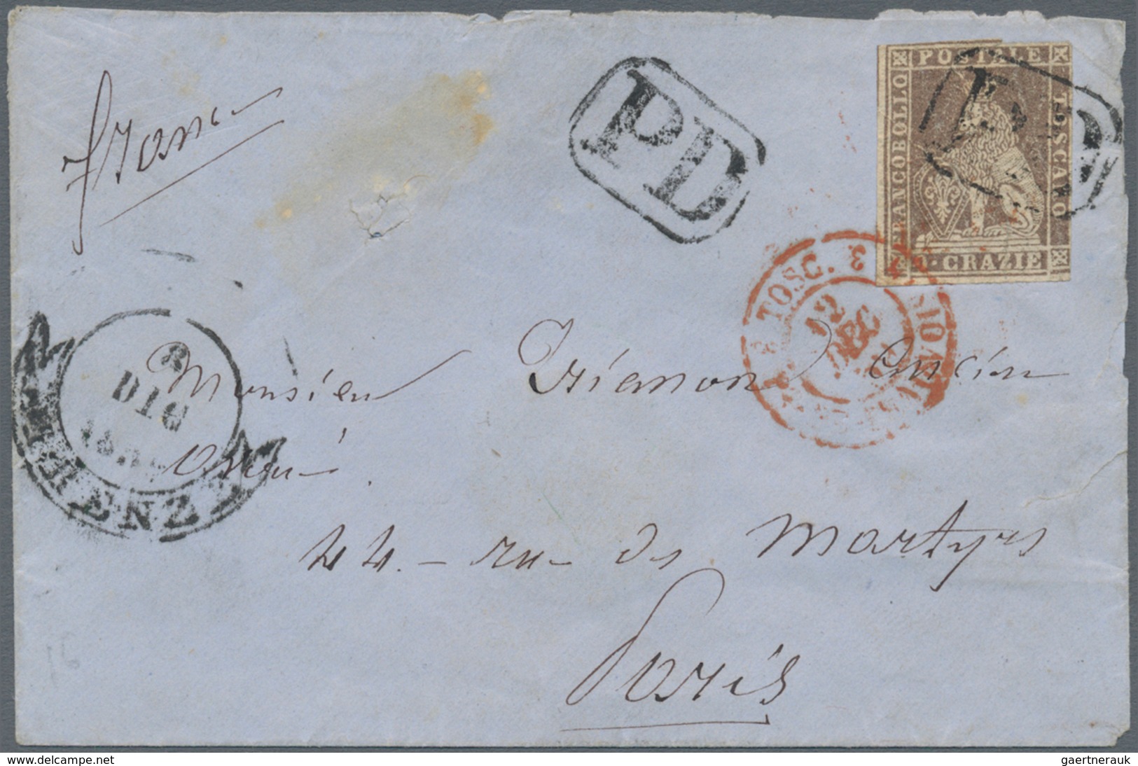 00913 Italien - Altitalienische Staaten: Toscana: 1859: 9 Crazie Lila Brown, Used On A Letter To Paris And - Toscane