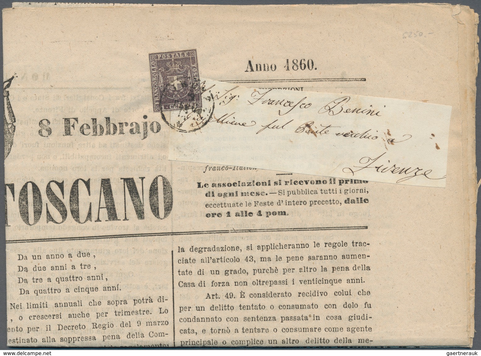 00917 Italien - Altitalienische Staaten: Toscana: 1860: Provisorial Government, 1 Cent. Violett Brown Tied - Tuscany