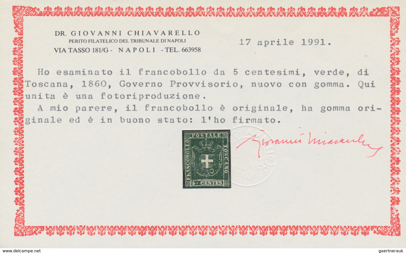00918 Italien - Altitalienische Staaten: Toscana: 1860, Provisional Government, 5 Cents Green, Mint With G - Toskana