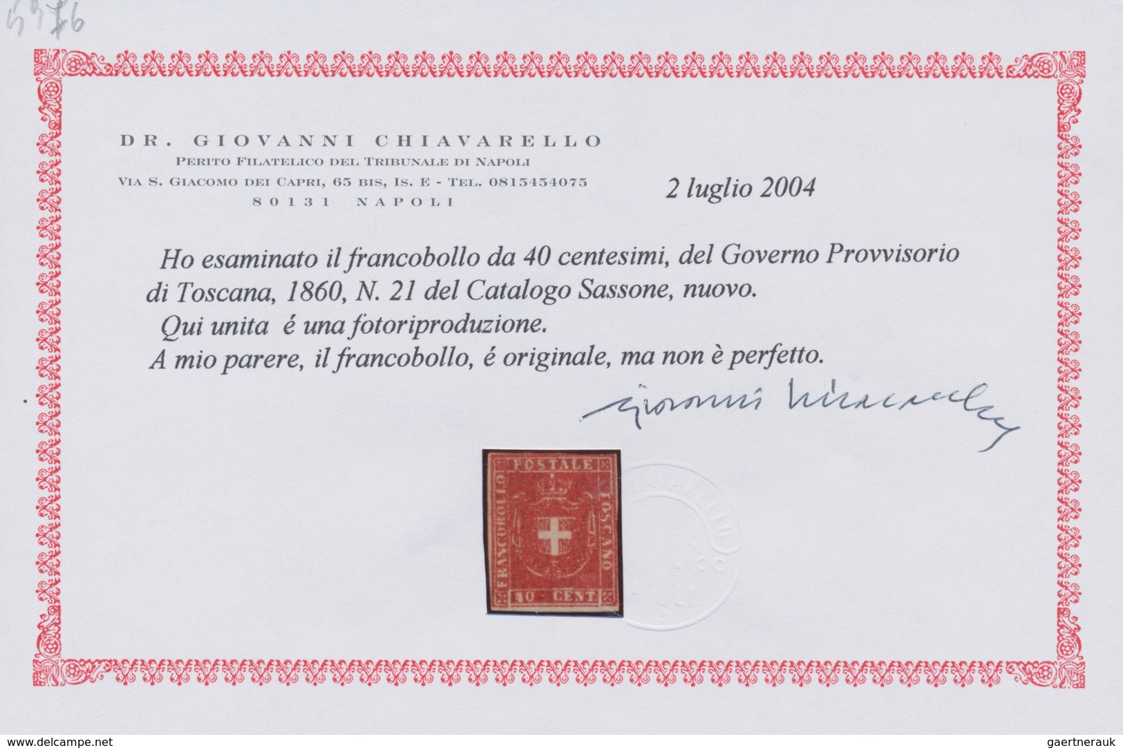 00925 Italien - Altitalienische Staaten: Toscana: 1860, Provisional Government, 40 Cents Carmine, Mint Wit - Toskana