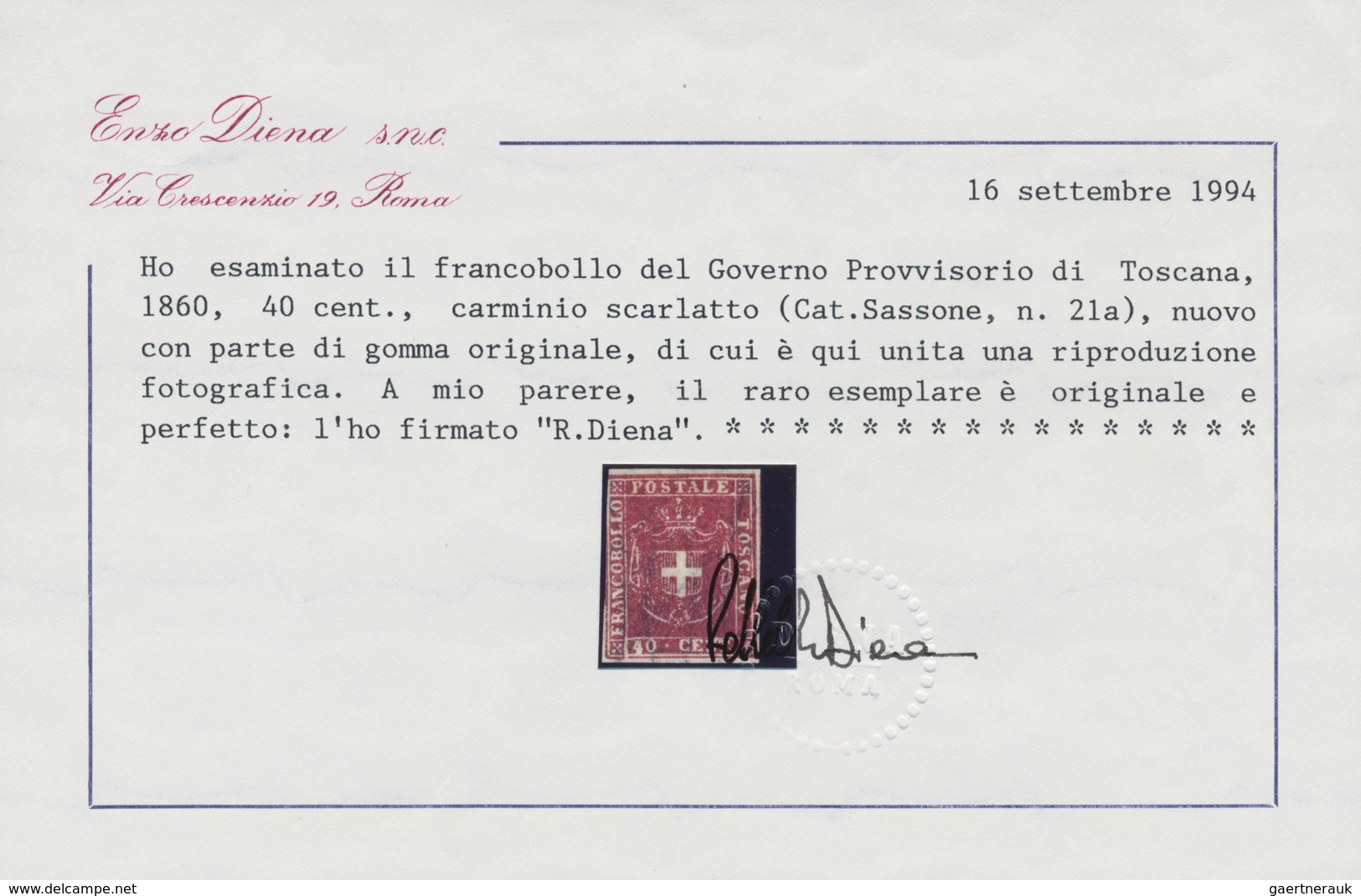 00927 Italien - Altitalienische Staaten: Toscana: 1860, 40 Cents Scarlet Carmine, Mint With Partial, Origi - Tuscany