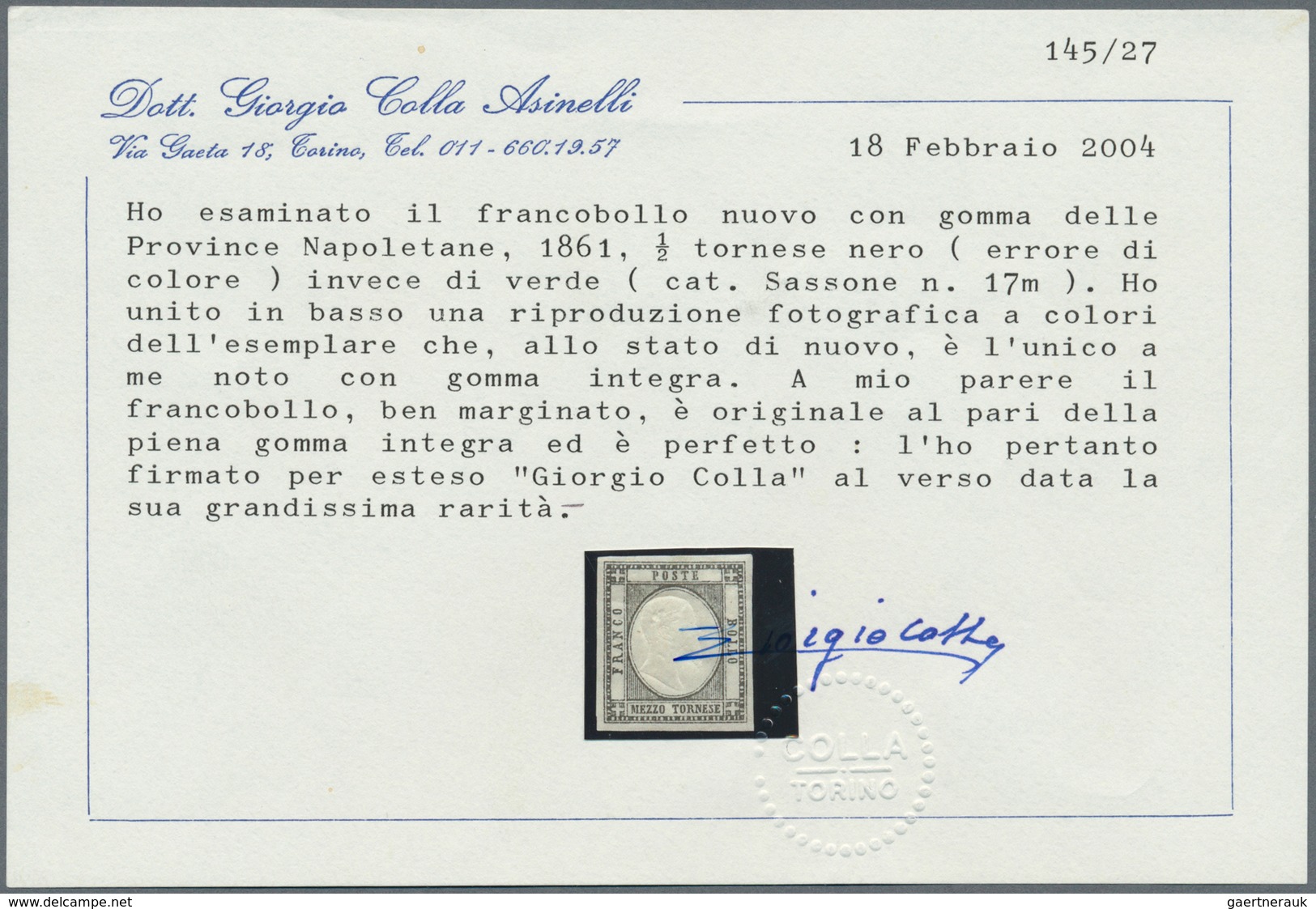 00931 Italien: 1861: COLOR ERROR Of The ½ Tornese BLACK Instead Of Green, All Sides Wide Magins With Full - Marcofilie