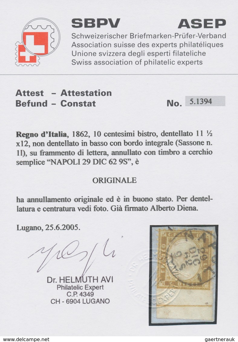 00933 Italien: 1862, 10 Cent. Bistre, Perforation 11 1/2 X 12, Not Perforated At The Bottom With Complete - Marcofilía