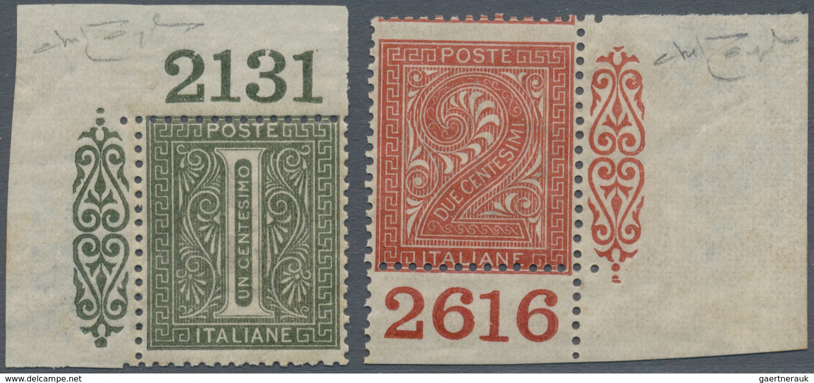 00937 Italien: 1866, 1 Cent Olive Green And 2 Cents Brick Red "digits", Turin Printing, Wide Sheet Angle W - Marcofilie