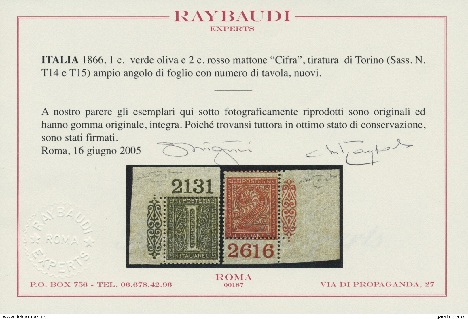 00937 Italien: 1866, 1 Cent Olive Green And 2 Cents Brick Red "digits", Turin Printing, Wide Sheet Angle W - Marcofilie