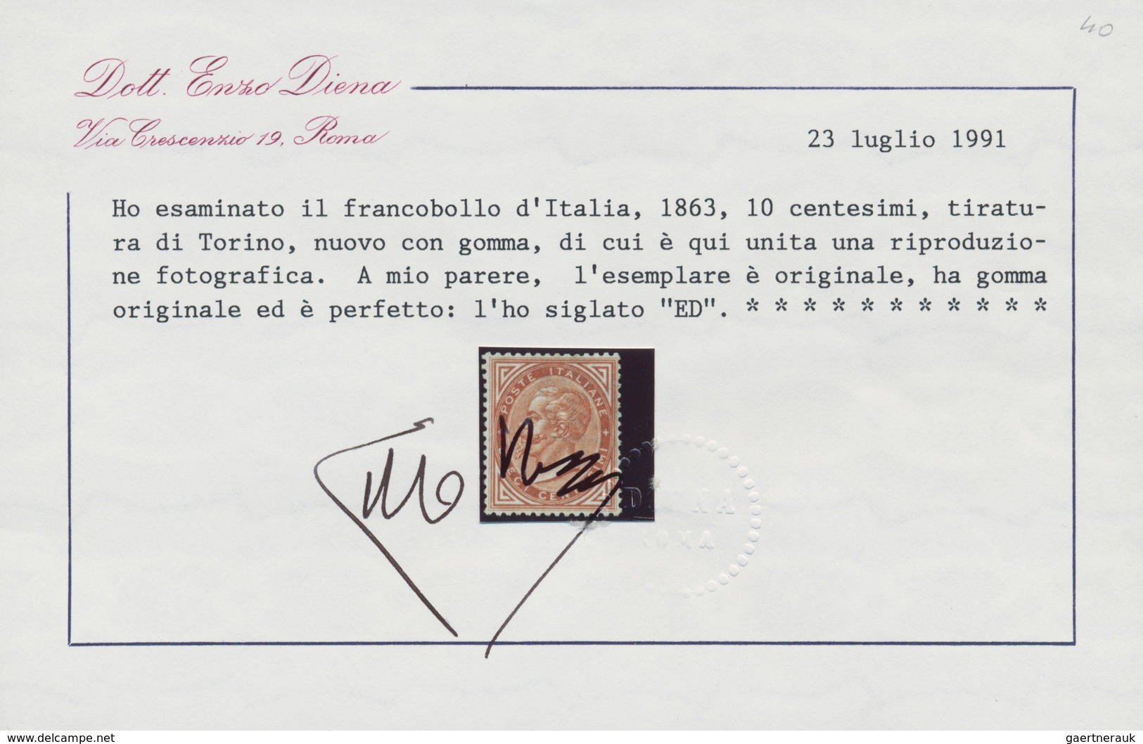 00939 Italien: 1863: 10 Cents, Turin Printing, Excellent Centering And Original Gum. Signed And Certified - Poststempel