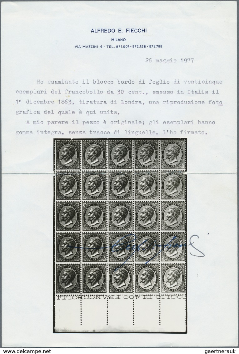 00941 Italien: 1863, 30c. Brown, London Printing, Bottom Marginal Block Of 25 With Inscription "FOGLIO DI - Ongebruikt