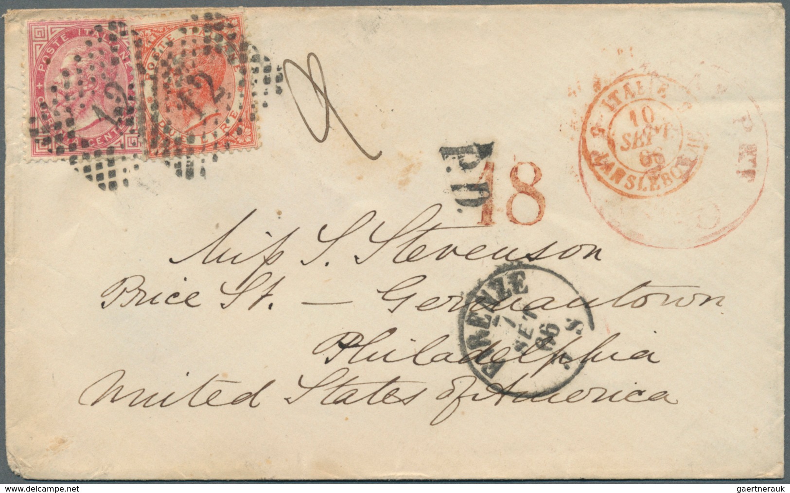 00943 Italien: 1866 (7 Sept): Small Cover From Firenze (Florence) To Philadelphia Franked With 40 C Carmin - Marcophilie