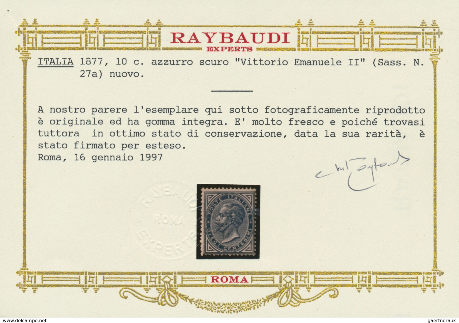 00947 Italien: 1877, 10 Cents Dark Blue "Vittorio Emanuele II.", MNH, Signed And With Certificate Of Rayba - Marcofilía