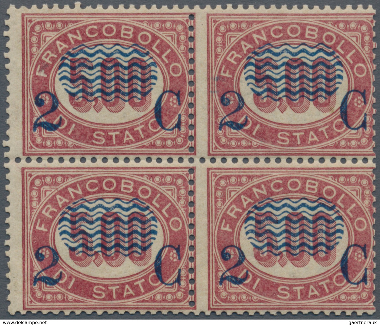 00949 Italien: 1878, 2 Cents On 5 Lire Service Stamp, Block Of Four, MNH; With Certificate Of E. Diena (19 - Marcophilie