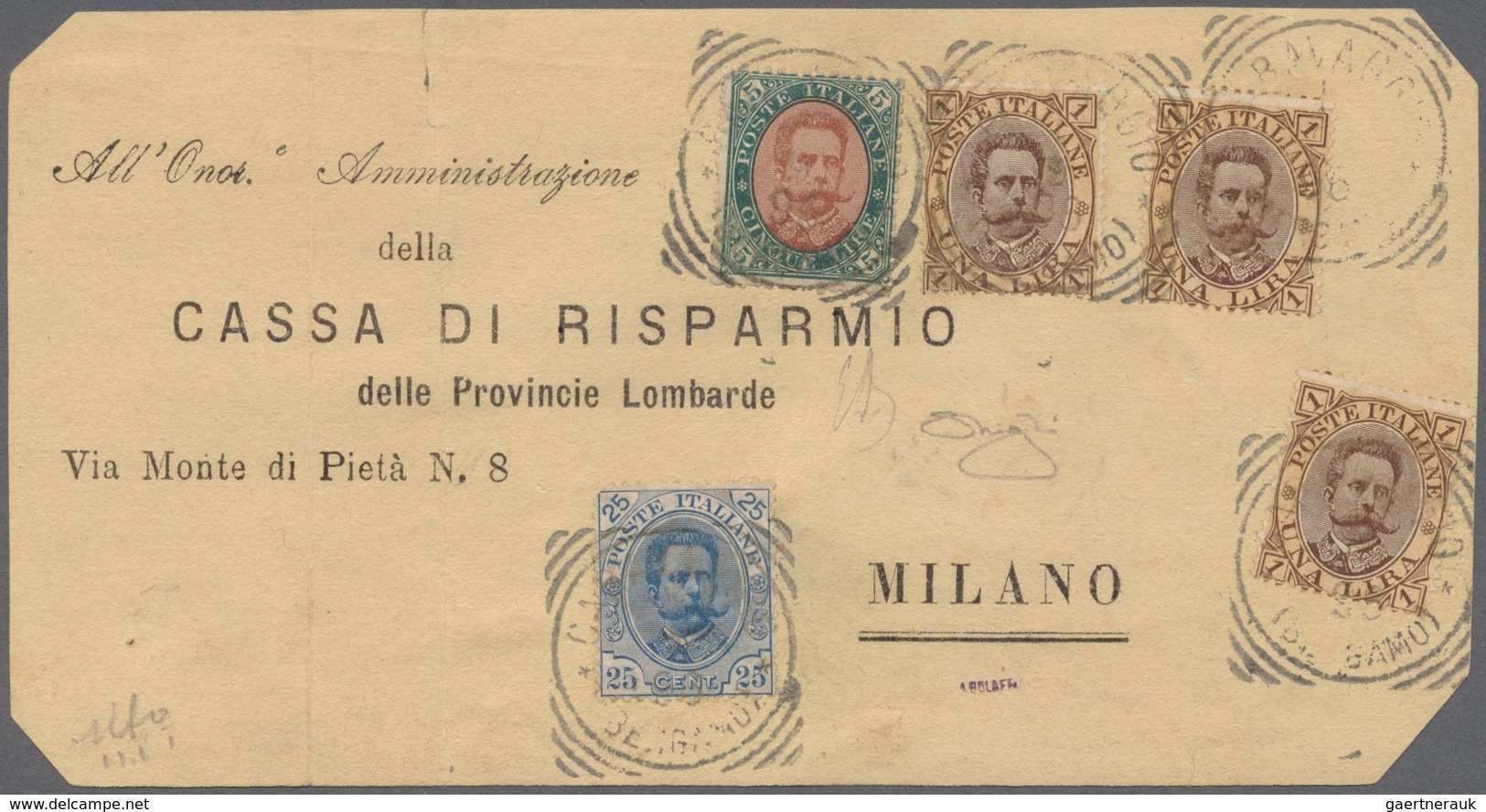 00954 Italien: 1889: Cover Front Of A Letter Send In 1896 From Caravaggio To Milan Franked With 5 Lire Umb - Storia Postale