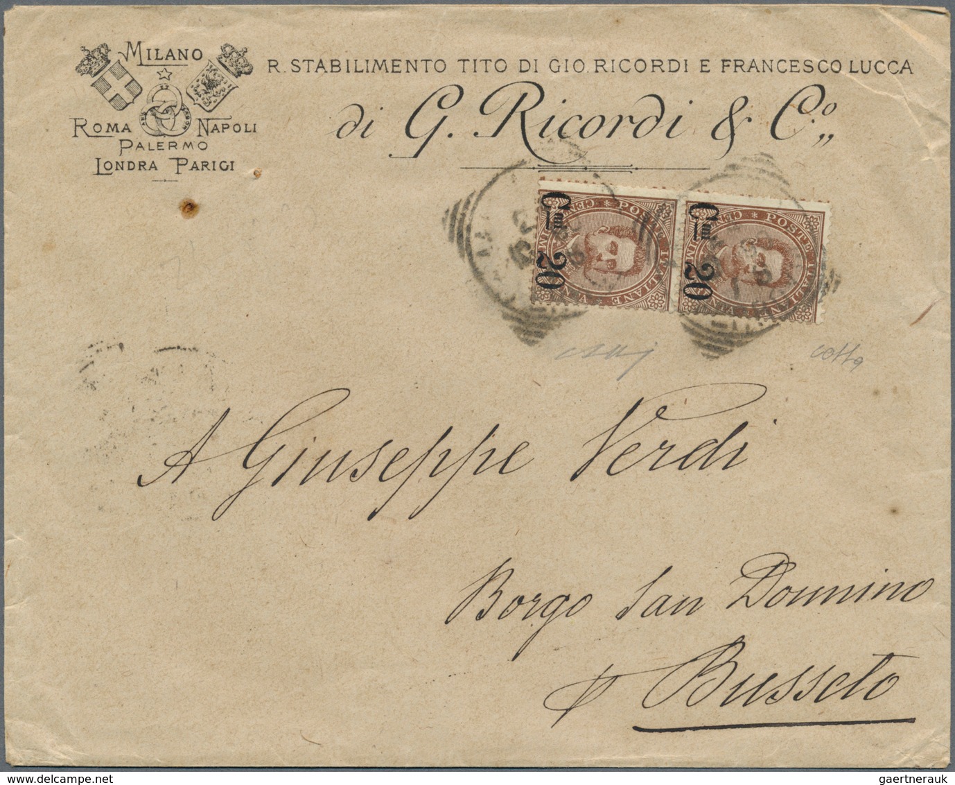 00956 Italien: 1890: Letter From The Music Company "Ricordi" To The Composer Giuseppe Verdi With Pair 20 O - Marcofilie