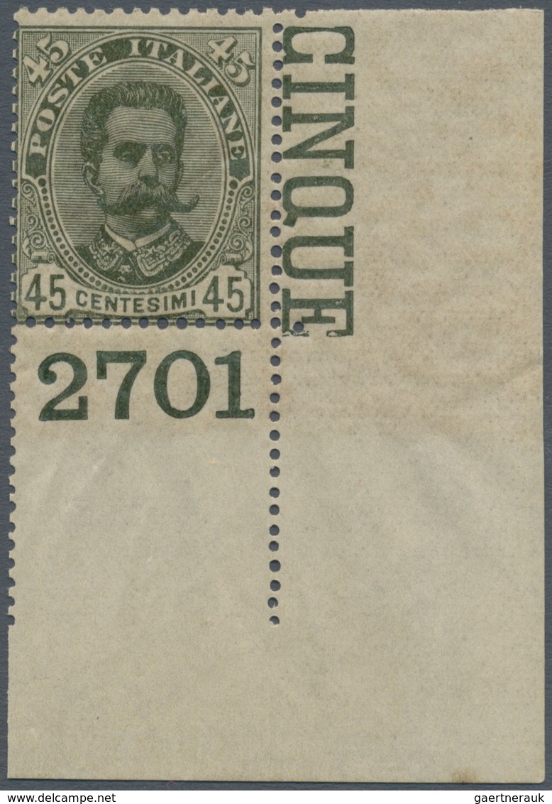 00957 Italien: 1895, 45 Cents Olive Green "Umberto I", Sheet Corner With Plate Number "2701", MNH; With Ra - Poststempel