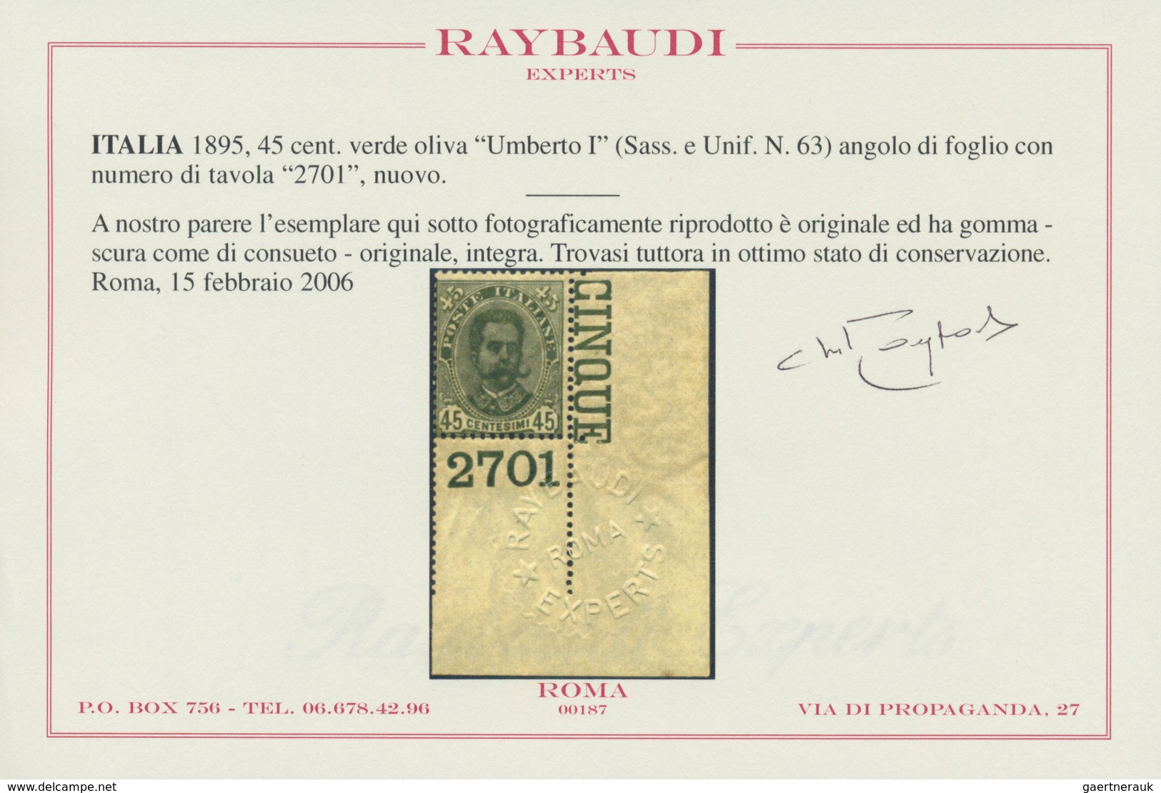 00957 Italien: 1895, 45 Cents Olive Green "Umberto I", Sheet Corner With Plate Number "2701", MNH; With Ra - Marcofilie