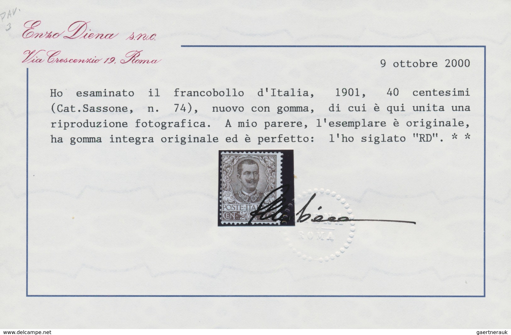 00958 Italien: 1901: "Floreale" Complete Set Of 11 Values, MNH. The 40 Cents With The Certificate Of R. Di - Marcofilie