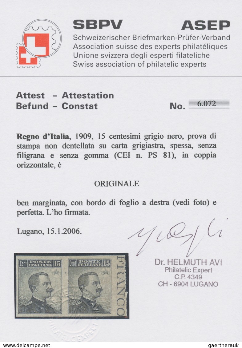 00959 Italien: 1909, 15 Cents Grey Black, Proof Of Print On Thicker Greyish Paper, Not Perforted, Without - Storia Postale