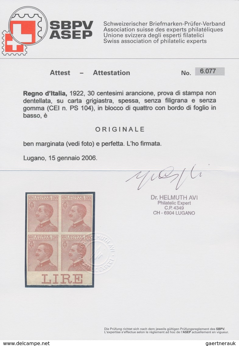 00960 Italien: 1922, 30 Cents Orange, Not Perforrated Proof On Gray Thicker Paper, Without Watermark And W - Storia Postale