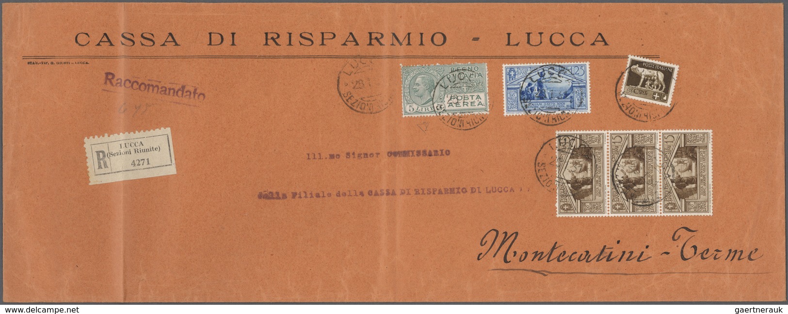 00963 Italien: 1926/1931, Bank Correspondance "CASSA DI RISPARMIO DI LUCCA", Group Of Five Highly Franked - Marcophilie