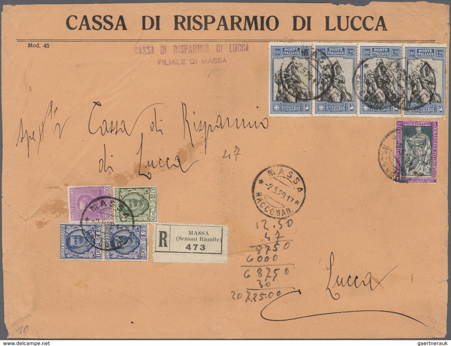 00963 Italien: 1926/1931, Bank Correspondance "CASSA DI RISPARMIO DI LUCCA", Group Of Five Highly Franked - Marcophilie