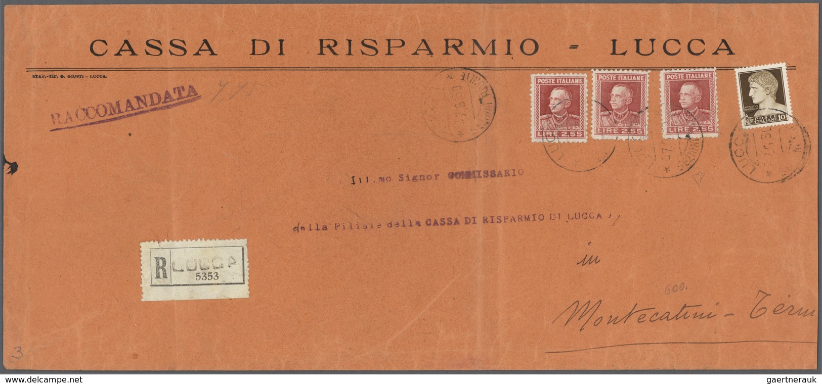 00963 Italien: 1926/1931, Bank correspondance "CASSA DI RISPARMIO DI LUCCA", group of five highly franked