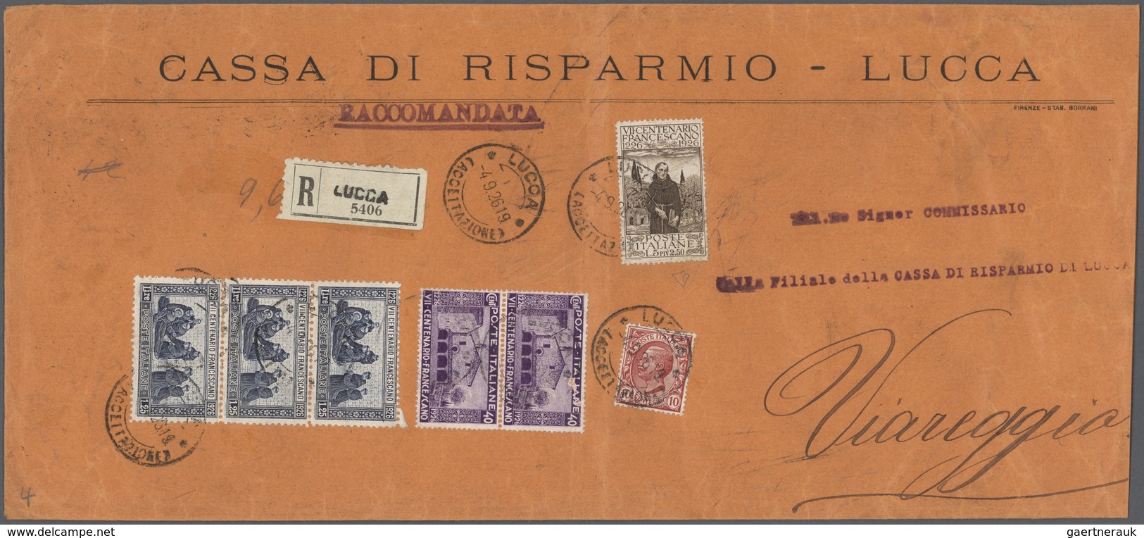 00963 Italien: 1926/1931, Bank correspondance "CASSA DI RISPARMIO DI LUCCA", group of five highly franked