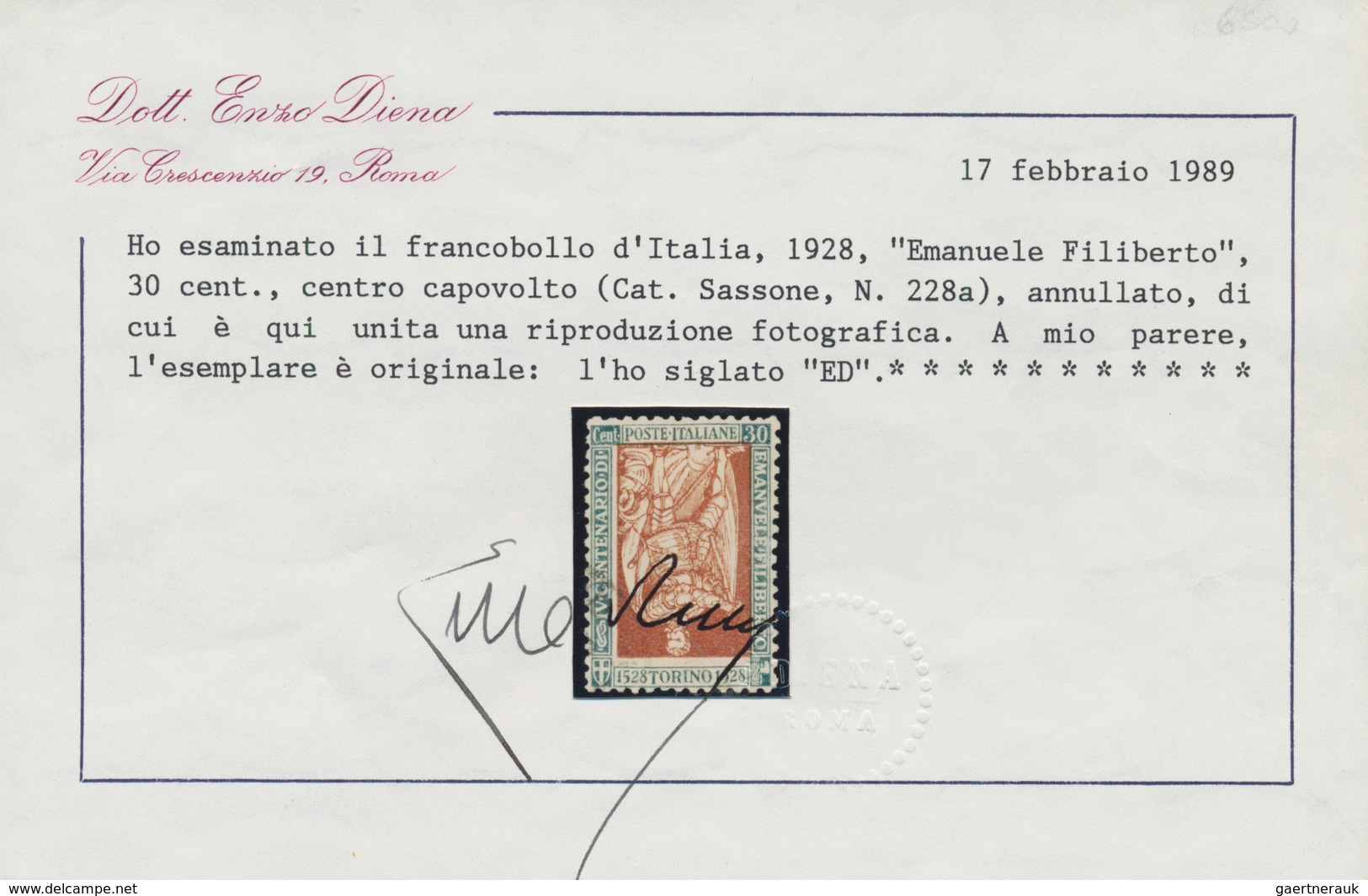 00964 Italien: 1928, "Emanuele Filiberto", 30 Cents, INVERTED Center, Cancelled; With Certificate Of Enzo - Marcofilie