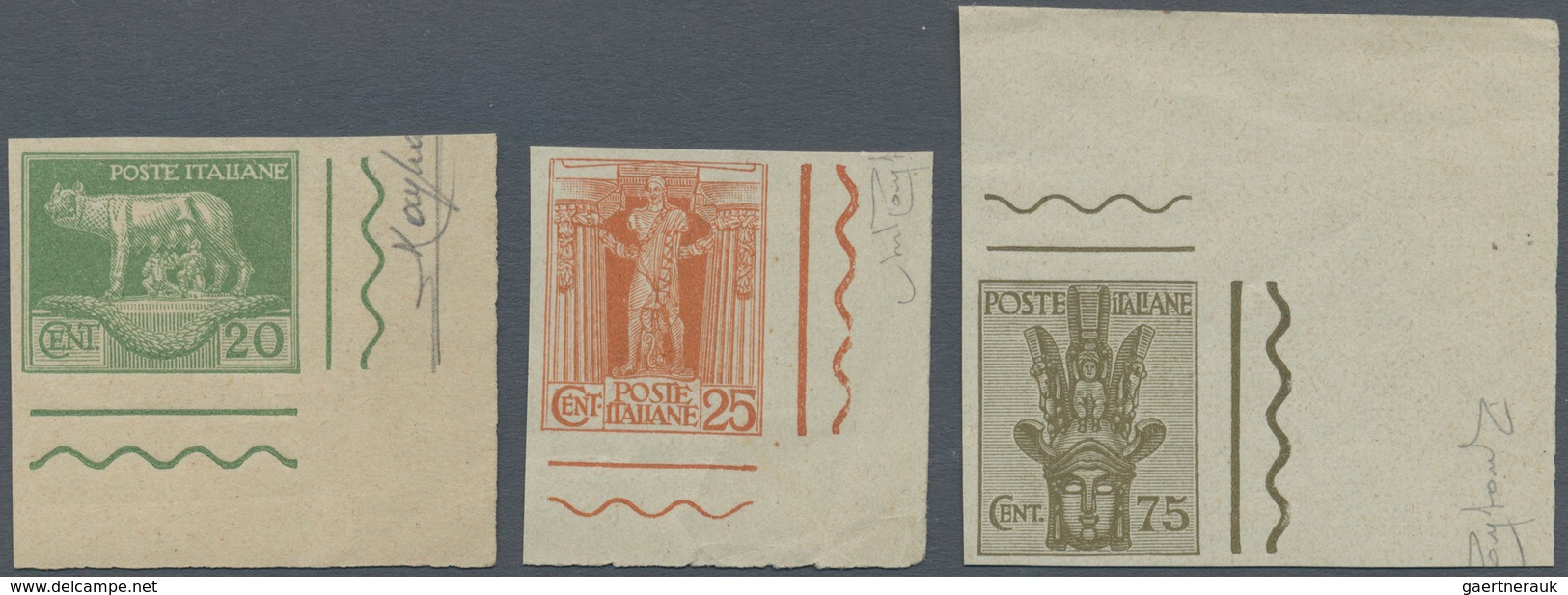 00966 Italien: 1928: Three Values Of The Unissued Series "Serie Artistica", Printing Proofs On Gray Paper - Storia Postale