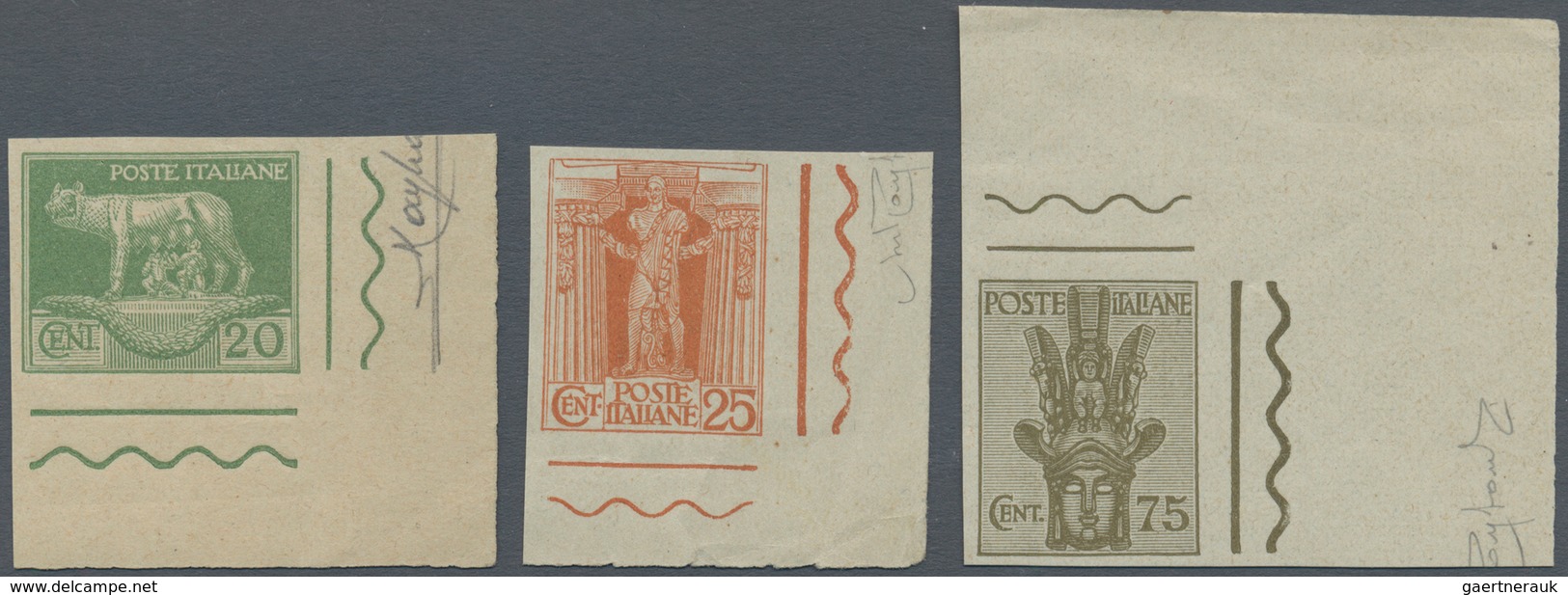 00966 Italien: 1928: Three Values Of The Unissued Series "Serie Artistica", Printing Proofs On Gray Paper - Poststempel