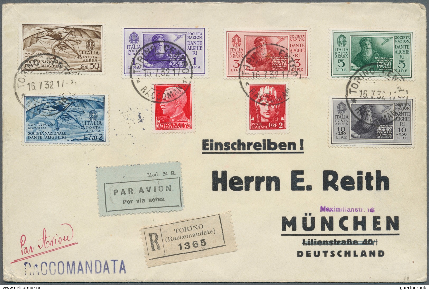 00967 Italien: 1932, Dante, Airmails 50c. To 10l., With Additional Franking On Registered Airmail Cover Fr - Marcofilie