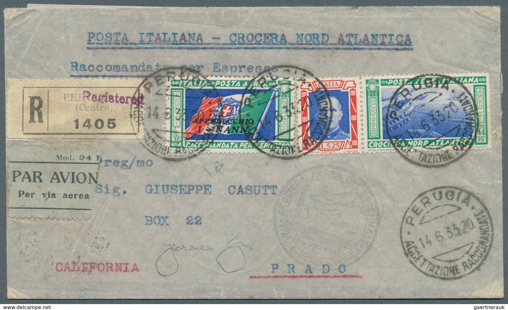 00970 Italien: 1933, Separated Flight Triptych 5, 25 + 44, 75 L On Registered Express Letter PERUGIA 14.6. - Poststempel