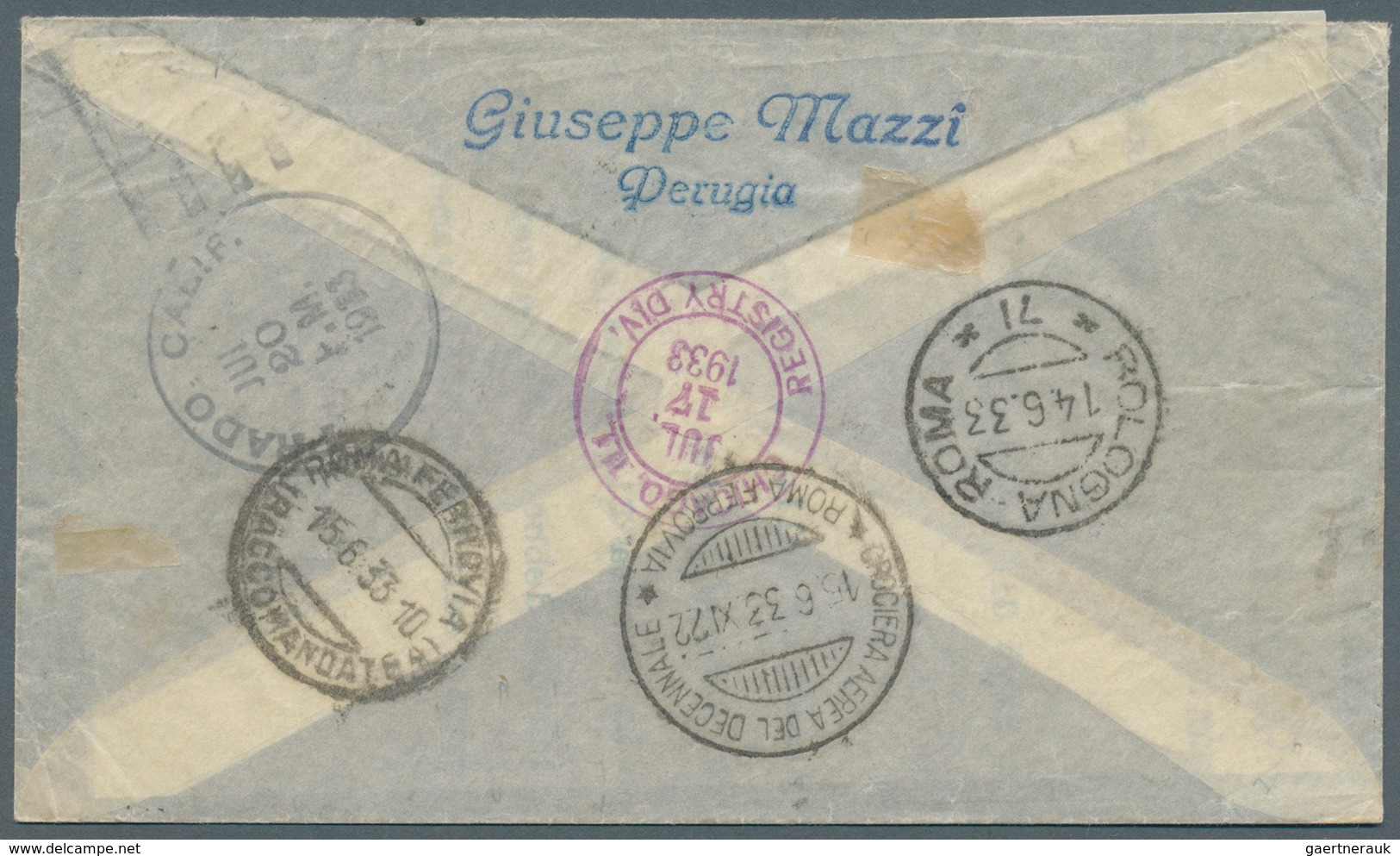 00970 Italien: 1933, Separated Flight Triptych 5, 25 + 44, 75 L On Registered Express Letter PERUGIA 14.6. - Poststempel