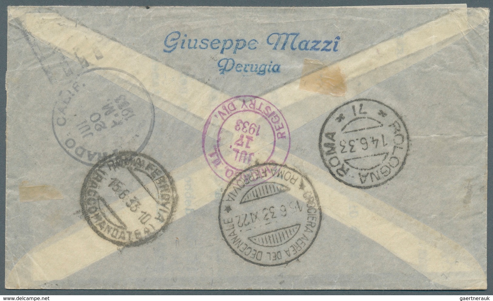 00970 Italien: 1933, Separated Flight Triptych 5, 25 + 44, 75 L On Registered Express Letter PERUGIA 14.6. - Marcophilie