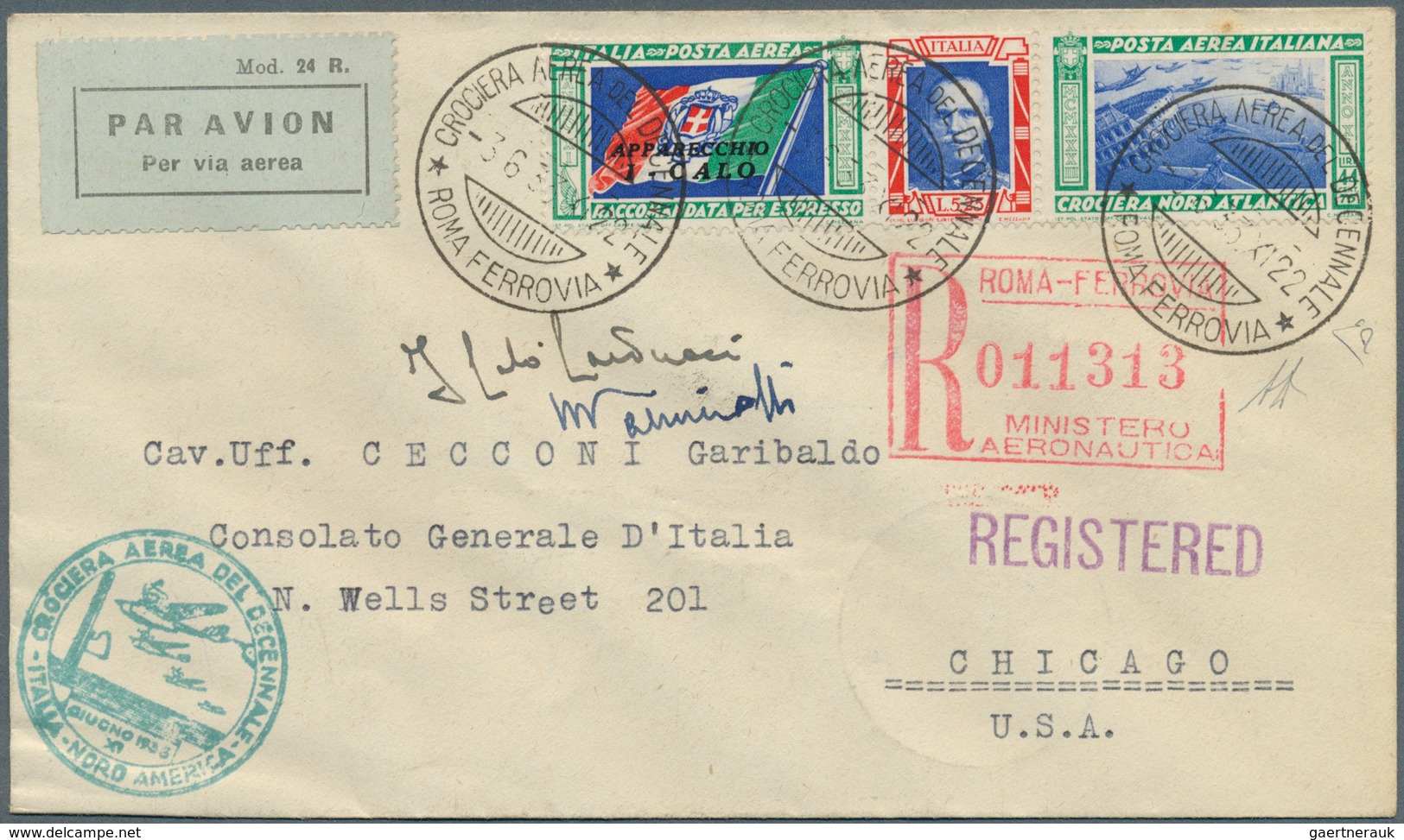 00974 Italien: 1933, Mass Flight Triptych 5.25 + 44.75 L. "I-CALO" On Well Preserved Registered Letter ROM - Marcophilie