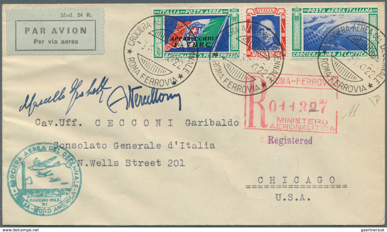 00975 Italien: 1933, Mass Flight Triptych 5.25 + 44.75 L. "I-VERC" On Well Preserved Registered Letter ROM - Marcophilie