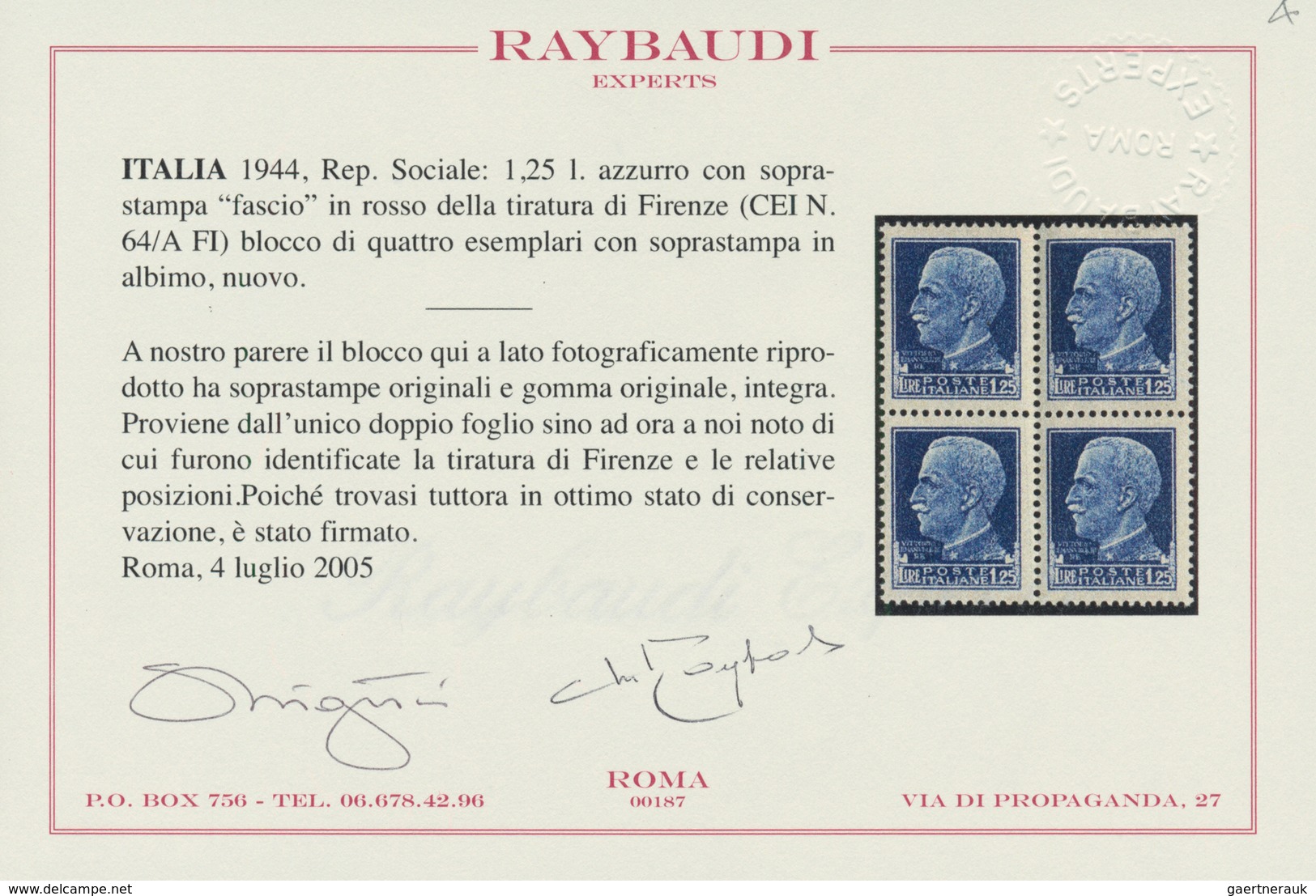 00978 Italien: 1944, Rep. Sociale: 1.25 Lira Blue With Red Fasces Overprint, Florence Printing, Block Of F - Storia Postale