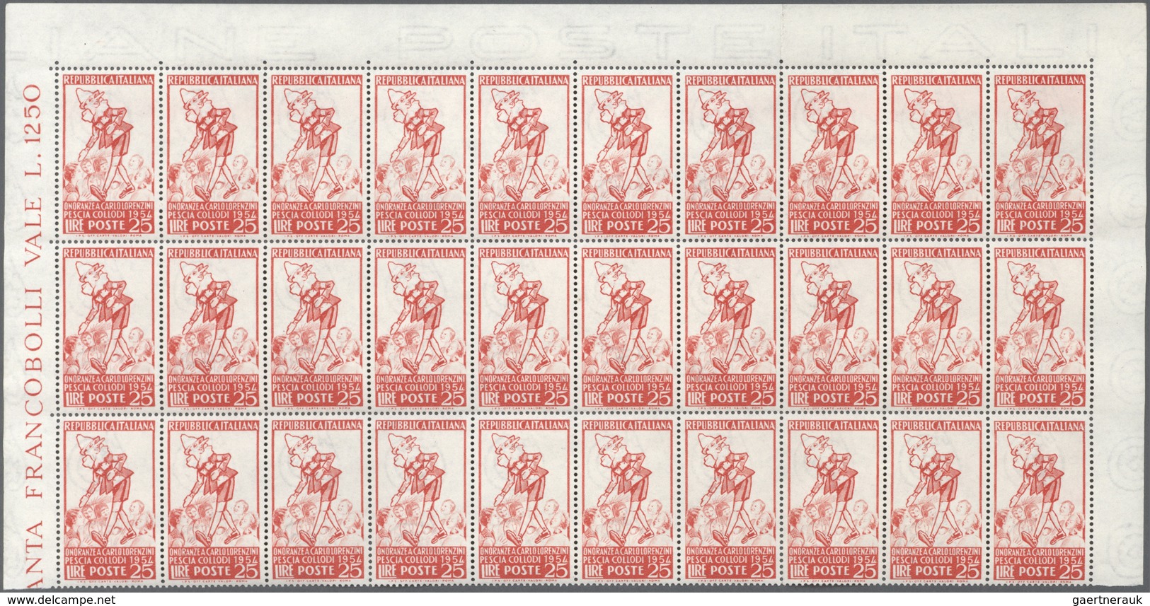 00984 Italien: 1954, 25l. Red "Carlo Collodi/Pinocchio" Showing Variety "White Background", Marginal Block - Marcophilie