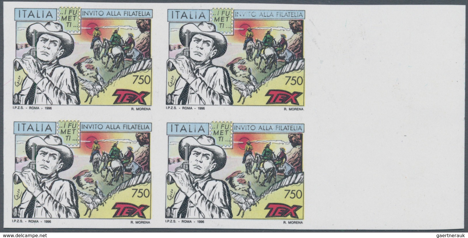 00996 Italien: 1996, 750 Lire Polychrome "Tex Willer" Not Perforated, Block Of Four With Wide Sheet Margin - Storia Postale