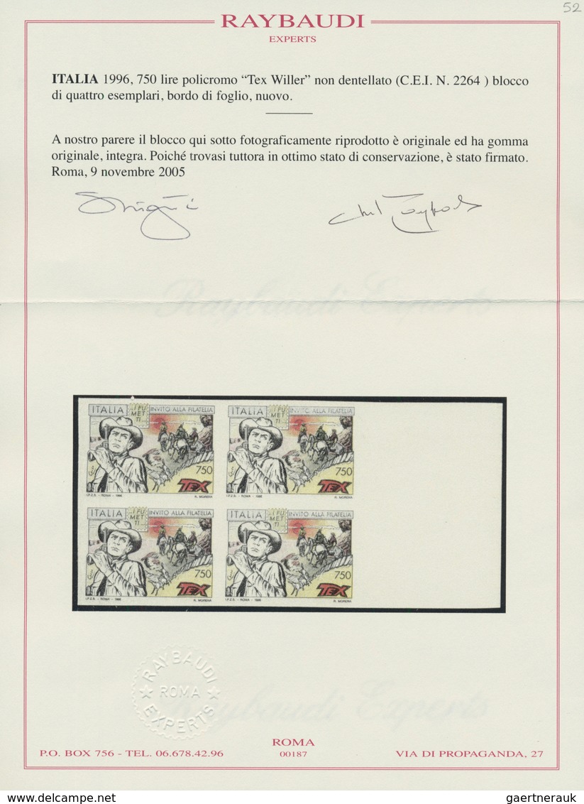 00996 Italien: 1996, 750 Lire Polychrome "Tex Willer" Not Perforated, Block Of Four With Wide Sheet Margin - Storia Postale