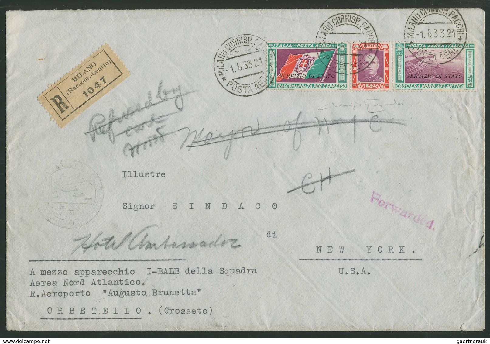 00999 Italien - Dienstmarken: 1933, BALBO - Squadron Flight "Crociera Nord-Atlantico", Triptych "SERVIZIO - Storia Postale (Posta Aerea)