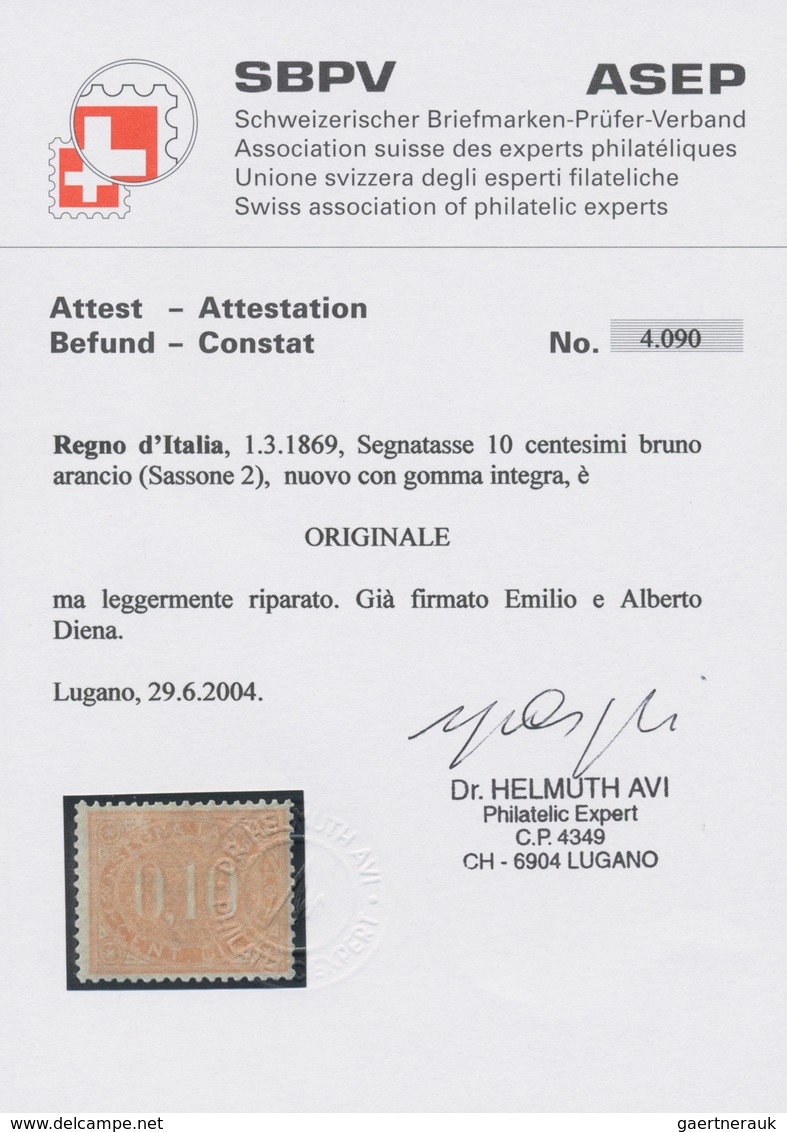 01004 Italien - Portomarken: 1869, 10 Cents Brown Orange, MNH, Slightly Repaired, Excellent Centering. Sig - Strafport