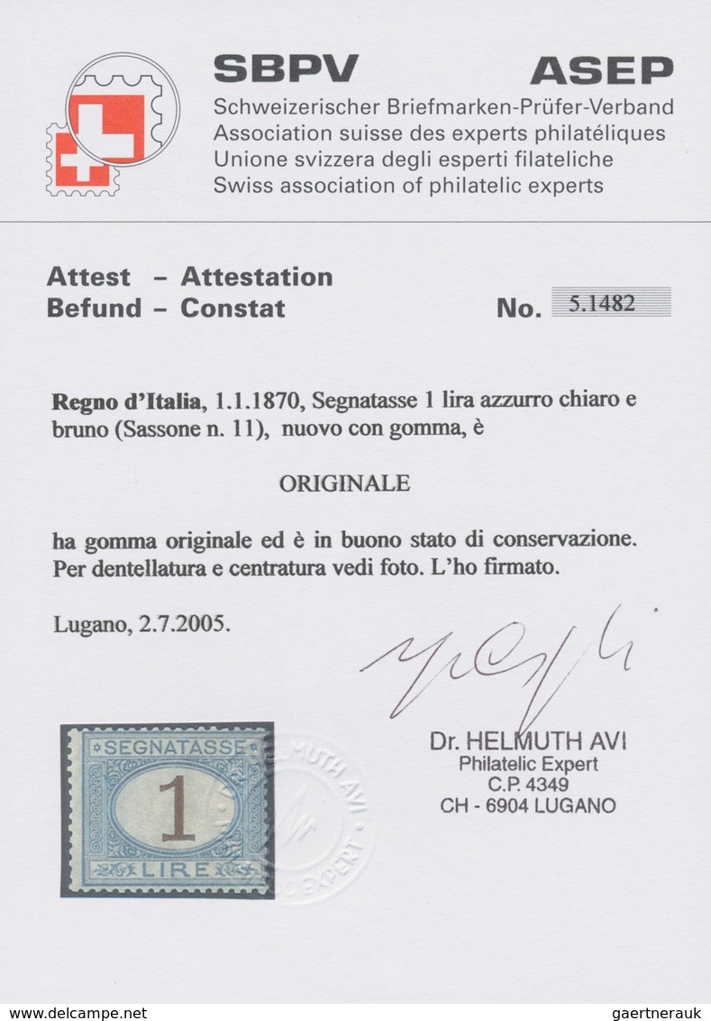 01006 Italien - Portomarken: 1870: Postage Due, 1 Lira Light Blue And Brown, Mint With Orignal Gum; Certif - Taxe